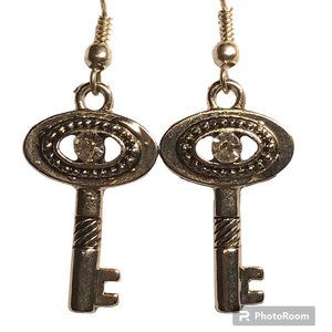 Key Earrings Silver Tone Plated Crystal Padlock Lock Steampunk Vintage Style